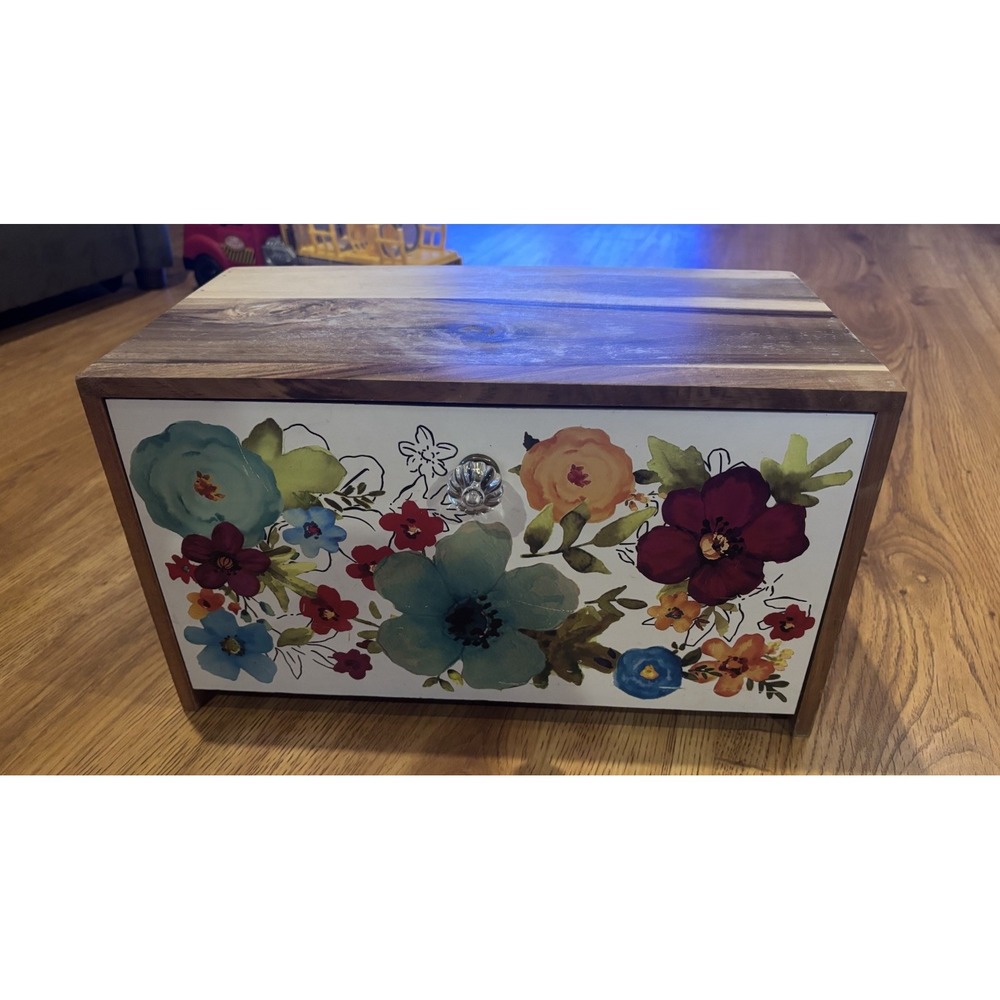 Pioneer Woman Alex Marie Bread Box Acacia Wood - Floral Farmhouse Kitchen Decor